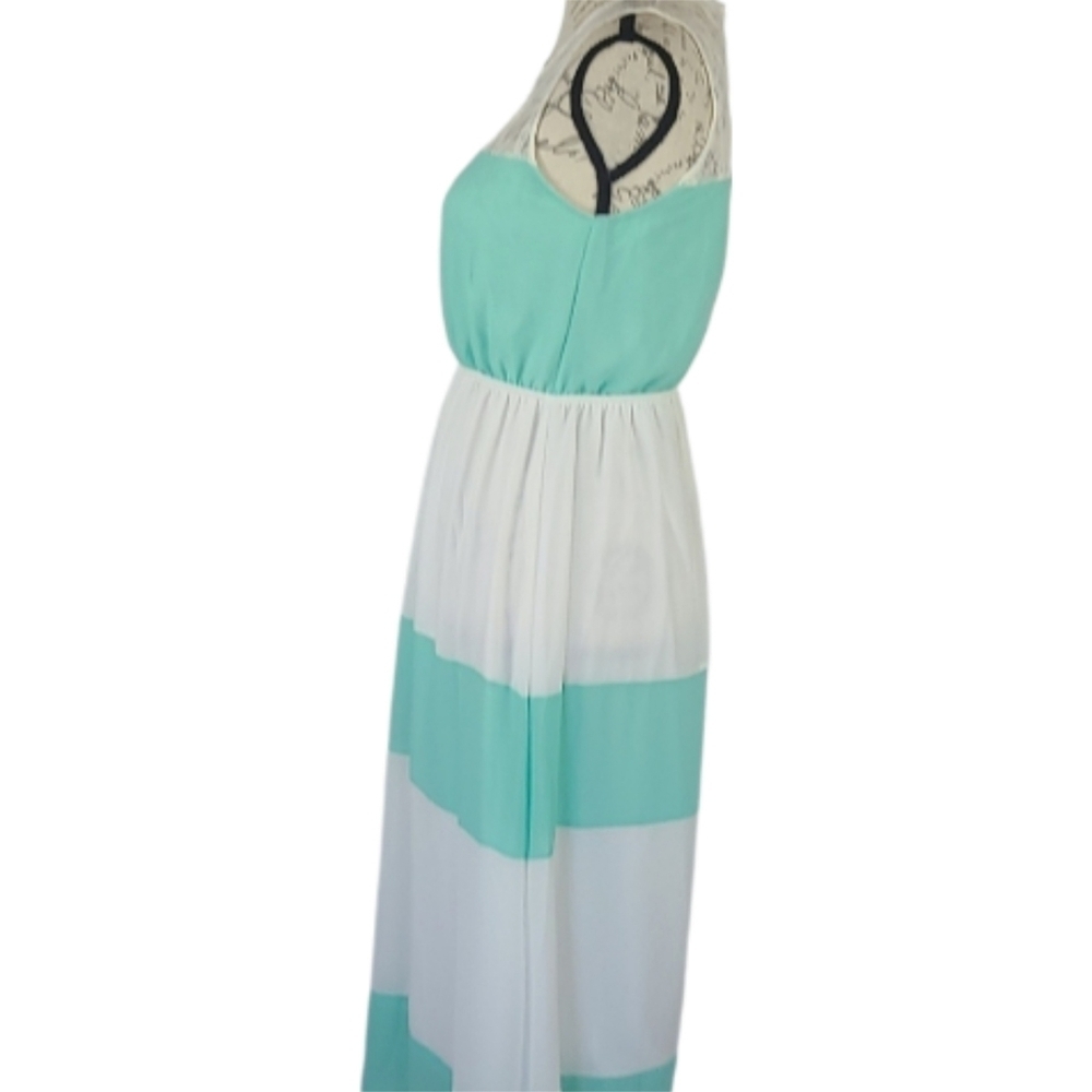 Y2K Vintage Maxi Dress Lace Bust White Turquoise Blue Color Block Dress - Picture 3 of 8